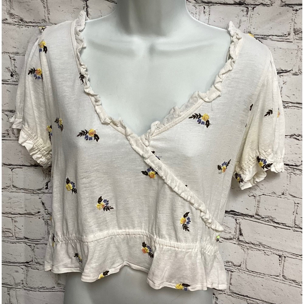 Free People Cream Floral Embroidered Ruffle Wrap Crop Top Small
